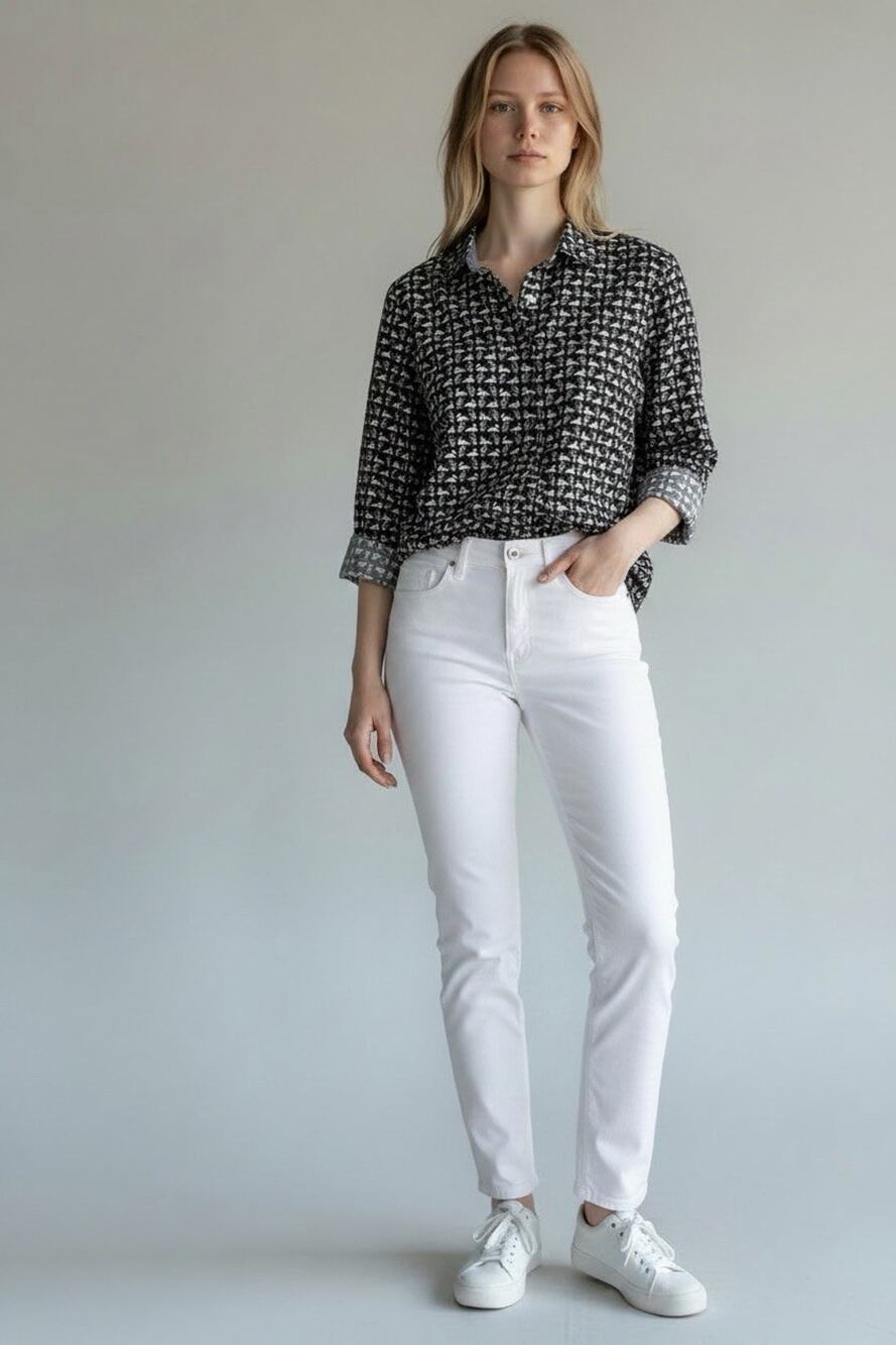 NEW Talbots Shirt Button Down Swan Print Long Roll Tab Sleeves 100% Cotton 12